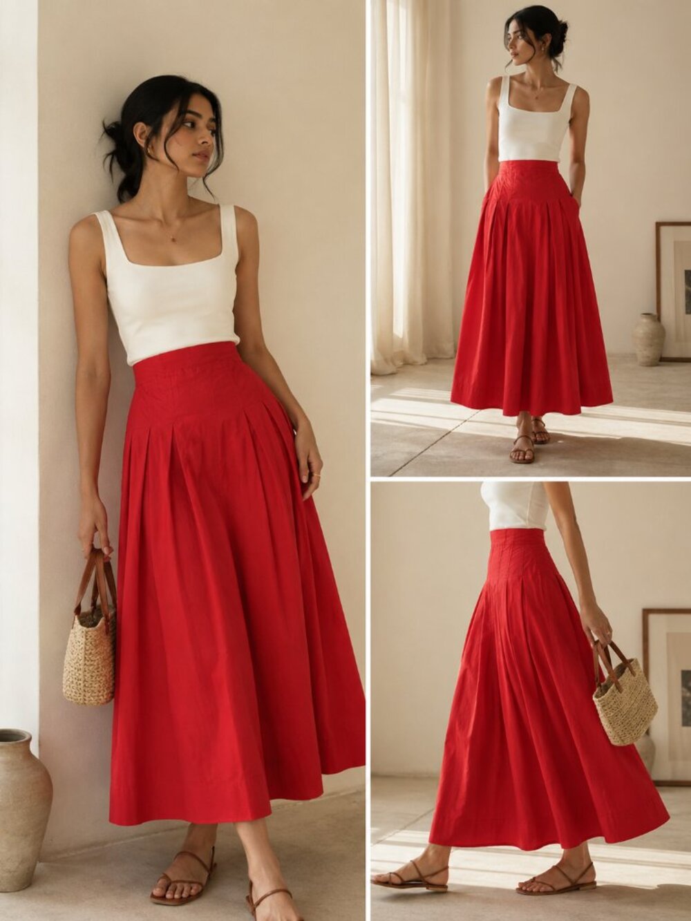 Zara Poplin Pleated Midi Skirt High Waist Full Skirt Red Size Small